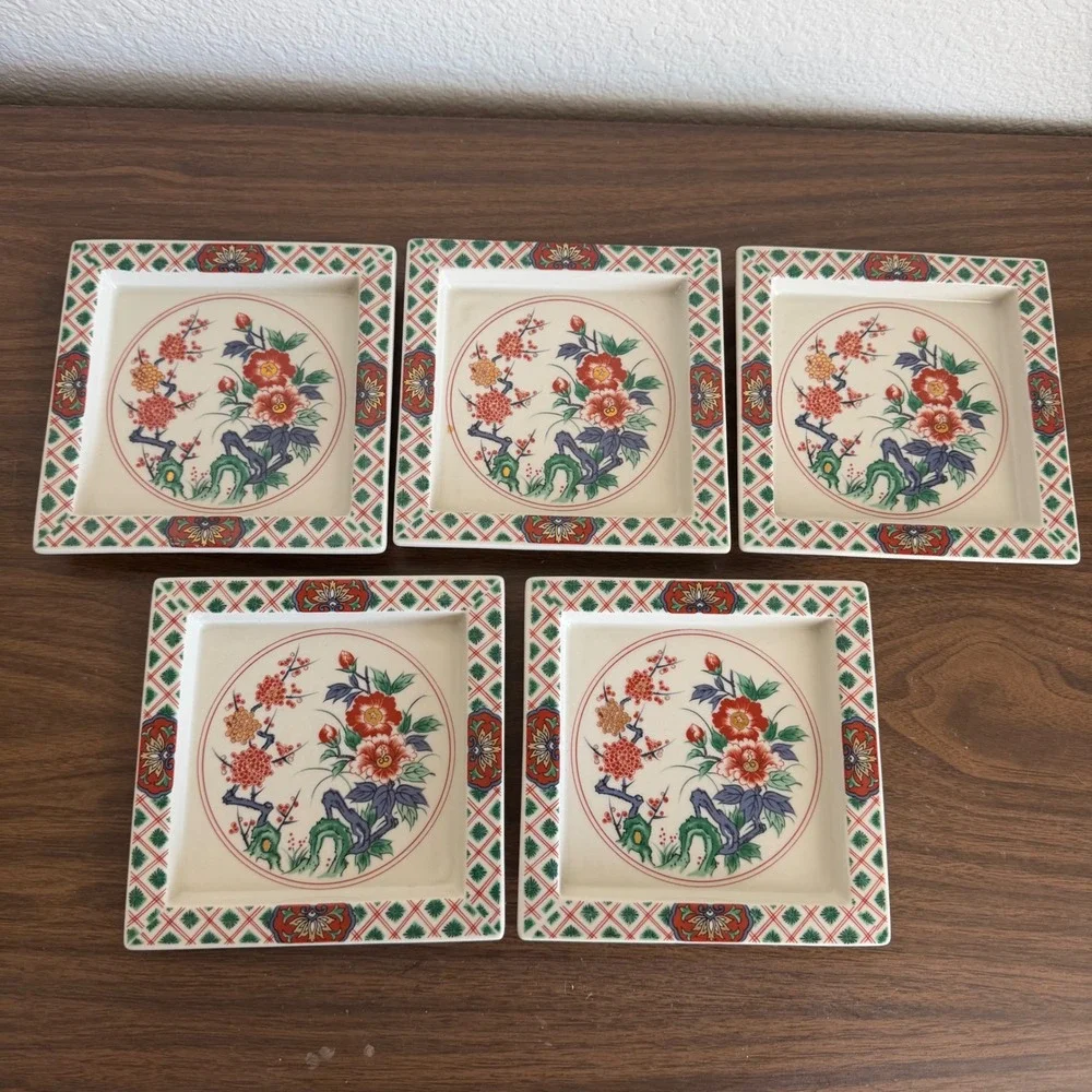 Vintage Imari Style Square Porcelain Appetizer Plates Set of 5 Floral Ceramic